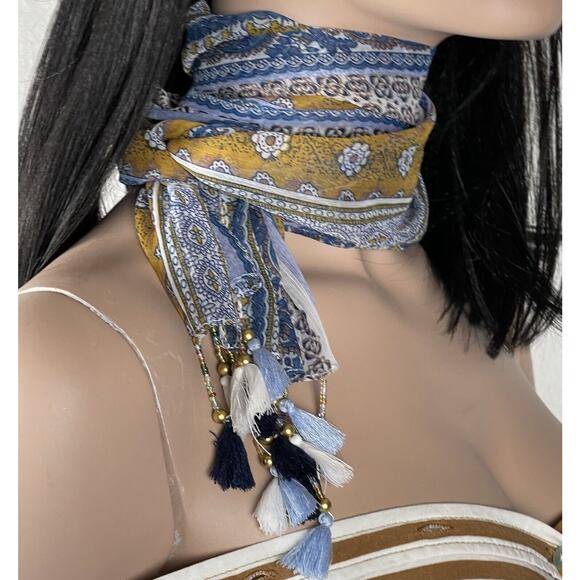 Unbranded Accessories - Blue Scarf Beaded Tassel Lightweight Sheer